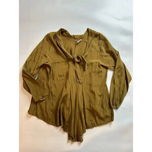 C.M.C Color Me Cotton Top Women's Large Tie Neck Bronze Satin Blouse Made In USA